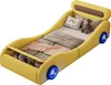 A yellow car-shaped bed for children, with stuffed animals and pillows on it, set against a white background. Produktbild-Vorschau