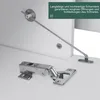Close-up view of cabinet hinges and a support rod on a white surface, with marketing text in a green overlay. Anteprima dell’immagine prodotto
