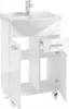 A white bathroom vanity with a sink and faucet. Produktbild-Vorschau