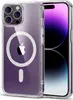 A clear protective case for an iPhone 14 Pro with MagSafe compatibility, showing the Apple logo and the phone's screen. Náhled obrázku produktu