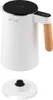 A white electric kettle with a black lid and a wooden handle sits on a white base. Produktbild-Vorschau