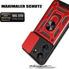 A red and black phone case with a ring holder and camera cover is shown at an angle, with text indicating maximum protection. Produktbild-Vorschau