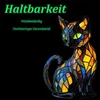 A stained-glass style cat figurine with colorful panels, set against a black background. Text overlays describe product features. Produktbild-Vorschau