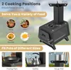 A product image showcasing a portable wood stove with various food items and cooking accessories, set against a blurred outdoor background. Náhled obrázku produktu