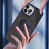 Hands holding a dark gray iPhone 14 Pro Max case with a blue rim and a ring holder stand on the back. Produktbild-Vorschau