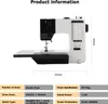 A sewing machine with product information and dimensions displayed. Produktbild-Vorschau