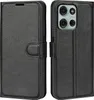 A black leather flip case for a smartphone is shown from the front and back. Produktbild-Vorschau