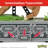 A close-up of a LEGO-style Pokemon building set, showing interchangeable nameplates and red arrows indicating placement. Náhľad obrázku produktu