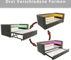 A diagram showing a convertible bed in three different configurations, with arrows indicating the transformation process. The bed has integrated LED lighting. Náhled obrázku produktu