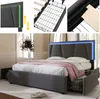 A collage of images showing a bed frame with LED lighting, its construction, and storage drawers. Náhled obrázku produktu