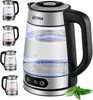 A collage of a glass electric kettle with LED lighting, showing different color variations and a close-up of the main product with mint leaves. Náhľad obrázku produktu