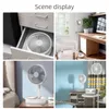 Collage of four scenes showing a portable fan in different settings: in a drawer, on a desk, on a nightstand, and in a living room. Podgląd zdjęcia produktu