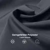 A close-up of dark gray fabric with text overlays and icons indicating product features. Produktbild-Vorschau