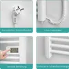A collage of four images showcasing different features of a white electric towel radiator. Voir les images du produit