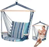 A collage showing a striped hammock chair and a woman reading in a similar chair. Produktbild-Vorschau