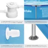 A collage of four images showcasing different features of a swimming pool, including a filter pump, frame, inlet fitting, and base feet. Náhled obrázku produktu