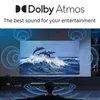 A person is sitting in front of a large TV screen, with sound waves emanating from a soundbar and the TV, illustrating Dolby Atmos sound. Produktbild-Vorschau