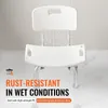 A white shower chair with water droplets falling on it, set against a light gray and white background. Produktbild-Vorschau