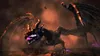 A dark, menacing dragon with glowing purple eyes and orange accents on its wings, set against a smoky, fiery background. Produktbild-Vorschau
