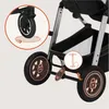 Close-up view of the wheels and basket of a stroller, with illustrative icons highlighting features. Produktbild-Vorschau