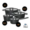 A collection of black pots and pans of various sizes, with labels indicating their capacities, and a 'Made in Finland' logo. Podgląd zdjęcia produktu