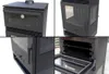 A collage of four close-up images of a black wood-burning stove with a glass door and oven compartment. Produktbild-Vorschau