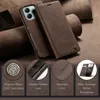 A brown leather flip case for a smartphone is shown, with close-up details of its features and branding. Produktbild-Vorschau