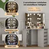 A vanity table with a tri-fold mirror and lights, showcasing different lighting options. Voir les images du produit