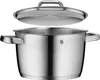 A stainless steel pot with its lid slightly ajar, presented on a white background. Produktbild-Vorschau