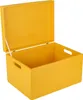 A yellow wooden storage box with its lid open, shown against a white background. Produktbild-Vorschau
