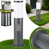 A collage of images showing a garden bollard light with an integrated power outlet, and a close-up of the base. Produktbild-Vorschau