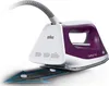 A Braun steam iron station is shown from a diagonal angle, with a piece of fabric underneath it. Produktbild-Vorschau