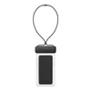 A black and clear waterproof phone pouch with a lanyard, containing a black smartphone. Anteprima dell’immagine prodotto