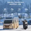A motorhome and a diesel heater are shown in a snowy outdoor setting, with icons representing various uses for the heater. Náhled obrázku produktu