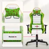 A gaming chair with pixelated green and brown accents, shown with close-up insets highlighting its cushions. Náhľad obrázku produktu