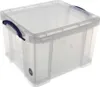 A clear, well-lit studio shot of a transparent storage box with blue handles. Produktbild-Vorschau