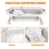 A foldable baby bathtub with a star-patterned cushion and close-up views of its features. Produktbild-Vorschau