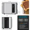 A collage of images showing a toaster from different angles, along with a close-up of toast with spread and a product information graphic. Produktbild-Vorschau