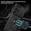 A black phone case with a ring holder and a sliding camera cover is shown attached to a magnetic car mount. Produktbild-Vorschau
