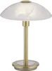 A table lamp with a white, swirled glass shade and a gold-colored stem and base. Voir les images du produit