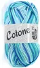 A ball of variegated yarn in shades of blue, teal, and green, with a label wrapped around it. Produktbild-Vorschau