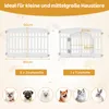 Diagrams and images showing dimensions and different components of a pet playpen, along with pictures of various small pets. Produktbild-Vorschau