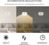 A collage showing a wall-mounted light in different lighting conditions and illustrating its features with icons and text. Produktbild-Vorschau