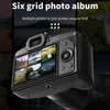 A digital camera is shown displaying a grid of photos on its screen, with text overlays highlighting its features. Náhled obrázku produktu