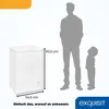 A white chest freezer is shown next to silhouettes of an adult and a child to indicate its size. Dimensions are provided. Produktbild-Vorschau