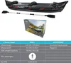 An inflatable kayak with a paddle and a product box, along with a specification table. Podgląd zdjęcia produktu