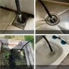 Collage of four images showing a drain cleaning hose being used in different locations: a floor drain, a sink drain, a sewer opening, and a toilet bowl. Voir les images du produit
