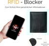 A hand holding a smartphone displaying an RFID scanner alert next to a black leather wallet. Produktbild-Vorschau