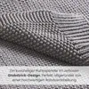 A close-up of a textured gray knitted blanket with text overlay. Produktbild-Vorschau