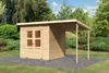 A wooden garden shed with an attached canopy is shown in a backyard setting with lush greenery and a paved patio. Produktbild-Vorschau